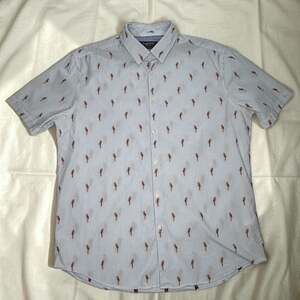 Limited Edition Men's Blue Striped Parrot Print Short Sleeve Button Down Shirt